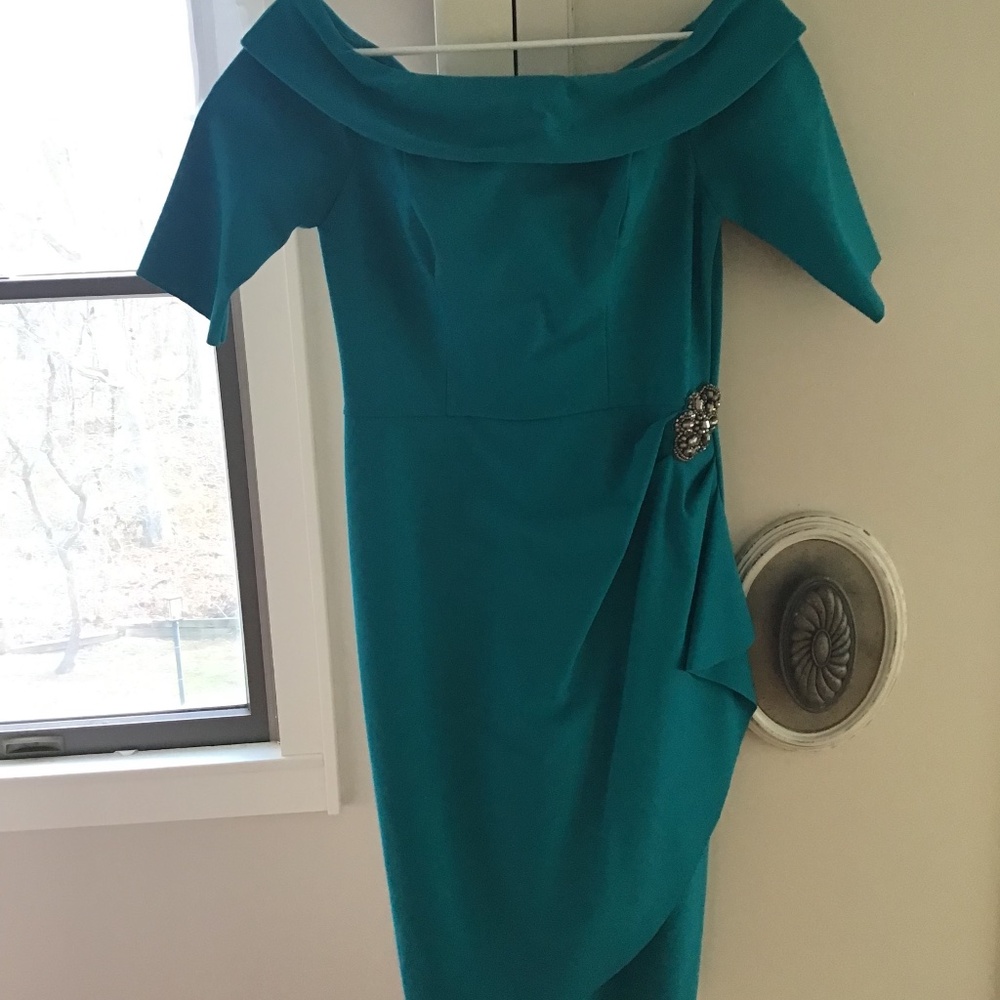 Boston Proper Off Shoulder short sleeves Midi Dress , Size 4, Color Teal